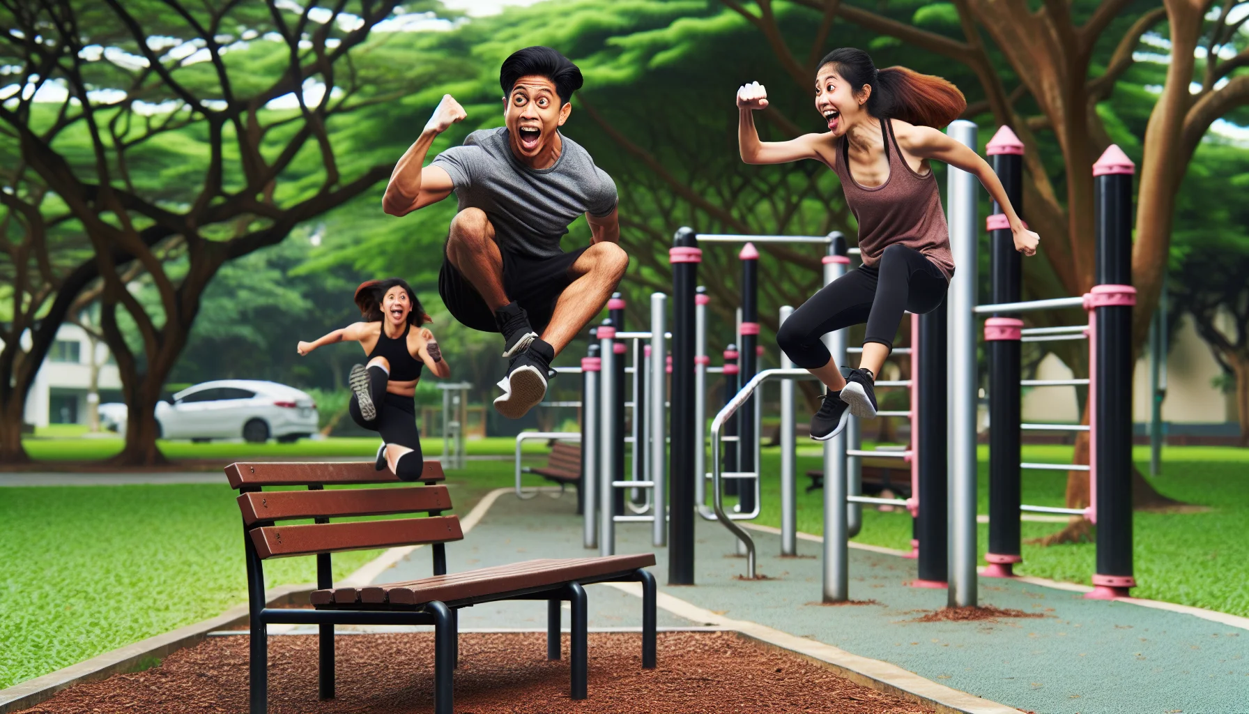 A humorous and energetic outdoor scene featuring a South Asian male and a Hispanic female, both starting to master Parkour, a sport for agility and speed. They're in a public park surrounded by exercise equipment ready to demonstrate their newfound skills. The South Asian male is in the middle of an impressive leap over a park bench, while the Hispanic female, just behind him, is about to vault over a rail. The expressions on their faces are a perfect balance of rigor and amusement, making this a playful visual invitation for others to take up the exercise.
