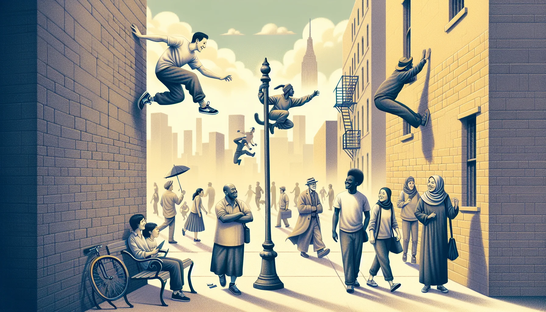 Imagine an amusing street scene where three individuals of various descent and both genders are engaged in parkour. The first individual, a Hispanic male, is fluidly running sideways on a wall like a squirrel, eliciting chuckles from onlookers. The second performer, a Black female, is performing a lingering handstand on top of a lamp post, causing onlookers to get curious about exercising. The third person, a Middle-Eastern male, is trying to leap between two tall ledges but his baggy pants are hilariously caught on a flagpole, making him swing precariously. The scene is whimsical and contagious, subtly inviting viewers to be active and enjoy exercise in a fun way.