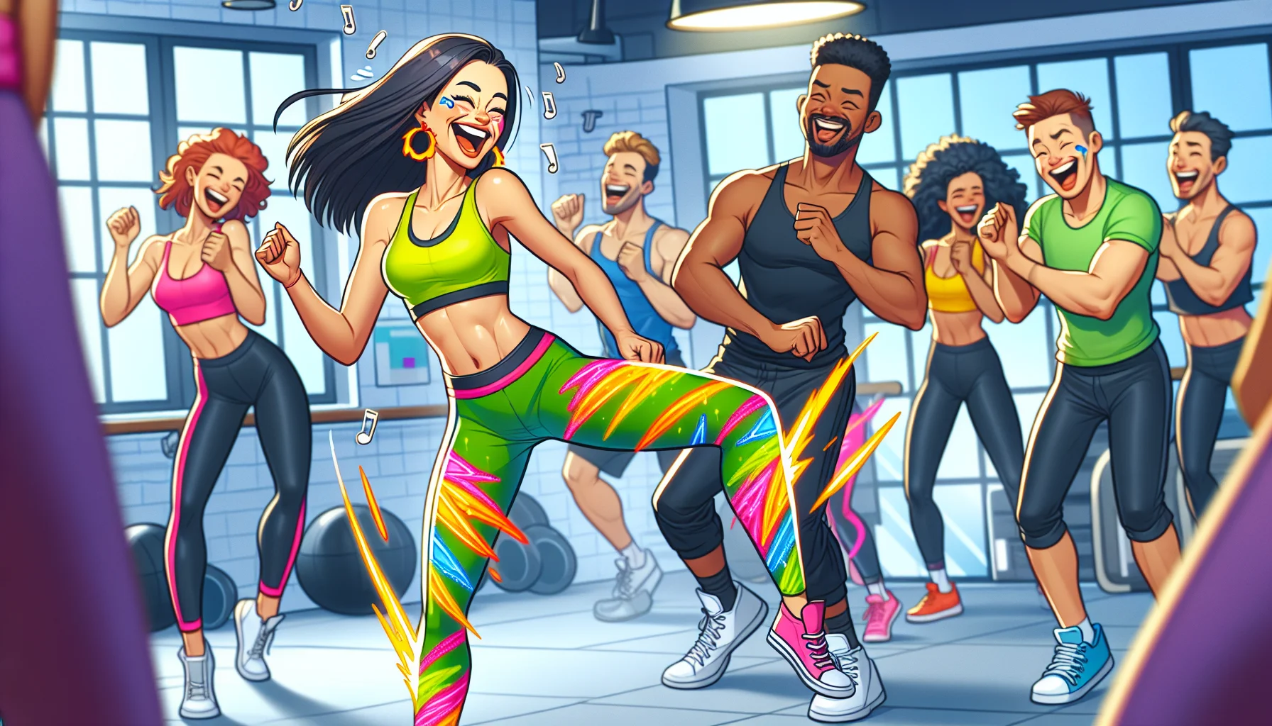 Illustrate a hilariously enchanting scenario in a gym with neon-colored zumba leggings stealing the limelight. Show these leggings belonging to a Caucasian woman energetically dancing her heart out, and a Black male instructor chuckling at her spirited moves. Other people in the background, including a South Asian man and a Hispanic woman, are inspired by her enthusiasm and begin to rev up their workouts too. The ambiance of the gym is lively, underlining the joy of exercise.