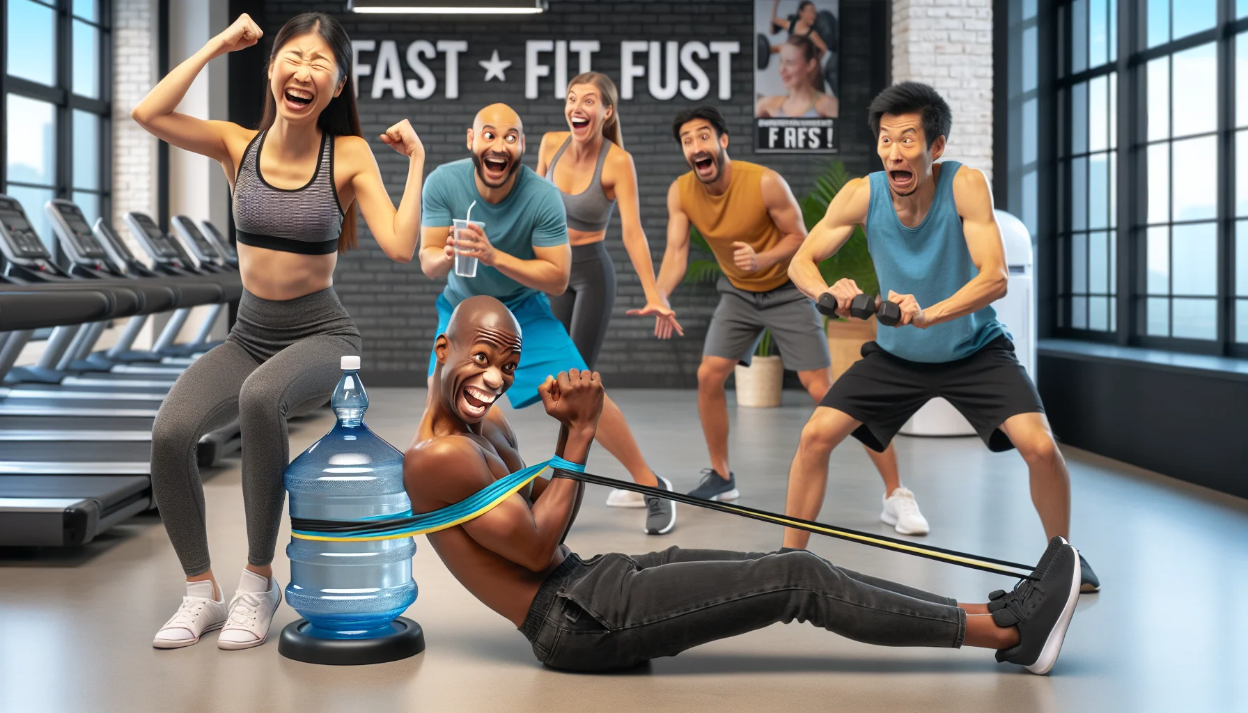 A humorous scene set in a modern gym where diverse individuals are participating in a fast fit body sculpting session. In the centre, there's an Asian woman laughing while attempting a challenging yoga pose. In the background, there is a Black man using a resistance band that's about to snap, and his surprised face suggests this isn't his first time repeating this situation. Also, a Middle-Eastern man, in a moment of distraction, is seen lifting a water dispenser instead of his dumbbell, to the amusement of the rest of the gym-goers. This light-hearted, fun-filled environment should capture the joy of exercising and motivate others to join in.