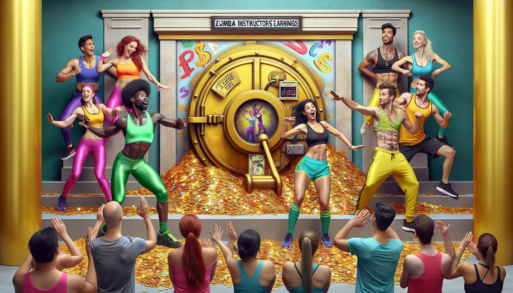 Generate a realistic and humorous image of a diverse group of zumba instructors at a dance studio. The instructors are of various descents, including Caucasian, Hispanic, Black, Middle-Eastern, and South Asian. They wear vibrant sportswear and are caught in dynamic, energetic dance poses. One wall of the studio is humorously painted like an oversized, glimmering treasure vault, with signage that playfully reads 'Zumba Instructors' Earnings'. Behind them, a group of people eagerly waiting to sign up, enticed by the promise of fitness and fun.