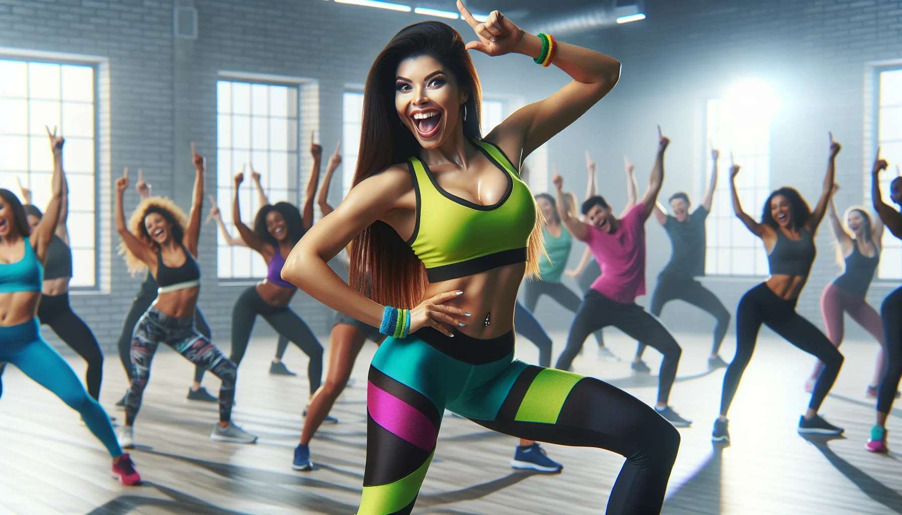 Generate a realistic image showcasing a joyful Hispanic woman instructing a Zumba class, inviting people to work out with her. The woman has long, dark hair tied up in a ponytail, and she wears bright fitness attire. She stands on the stage, demonstrating a hilarious, exaggerated Zumba move. The background is filled with people of various descents and both genders, laughing and attempting to imitate her move, capturing a fun and lighthearted exercise atmosphere.