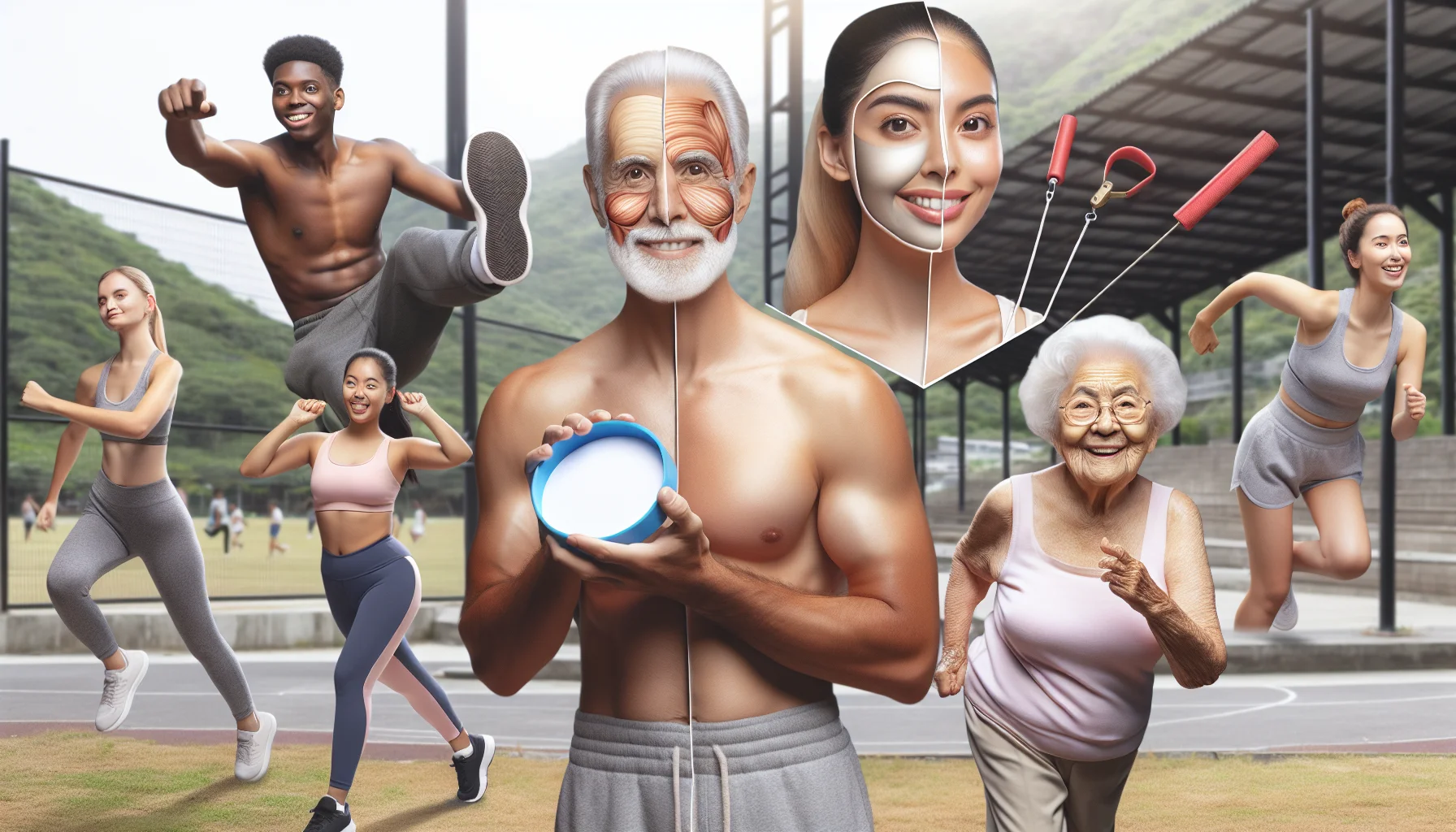 Craft a humorous and appealing image that reveals the secret to firm and youthful skin. The scene should be set in an outdoors location, perhaps a park or a beach, promoting the idea of exercise. The image should consist of a group of diverse individuals including a Middle Eastern man, a South Asian woman, a Black elderly gentleman, and a Hispanic young woman, all participating in different engaging activities like yoga, playing frisbee, running or using resistance bands. Each person's face shows their clear, youthful, and glowing skin to emphasize the benefits of exercise on skin health.