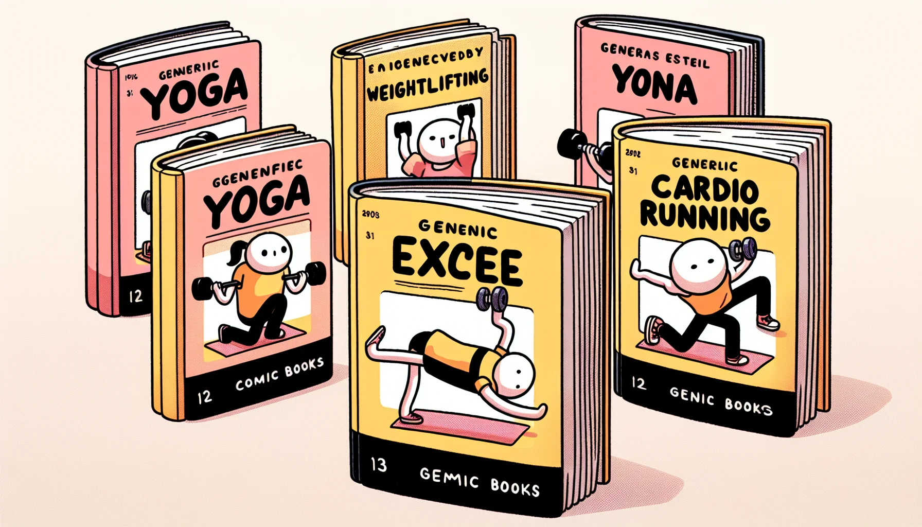 Create a whimsical and engaging scene depicting an array of generic comic books authored by an unidentified manga artist. Each book presents an entertaining story of its protagonist engaging in a different exercise routine: one showcases yoga, another focuses on weightlifting, a third details a cardio running workout. The books are anthropomorphised, with arms and legs, and they're humorously attempting the exercises on their pages, eliciting laughter and interest from onlooking potential readers, who represent a diverse range of genders and descents.