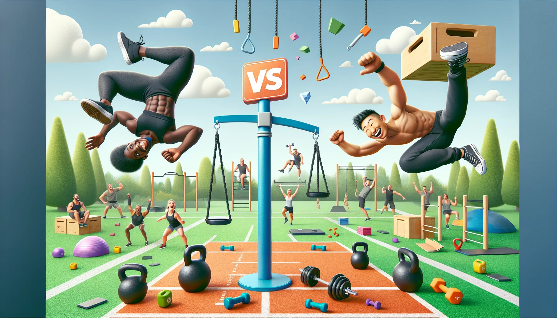 Imagine an entertaining and humorous scene promoting exercise. On one side, there's a Black female athlete demonstrating calisthenics, effortlessly doing handstands and pull-ups with a big smile on her face. On the other side, there's an Asian male athlete, equally cheerful, lifting heavy kettlebells and jumping on boxes representing CrossFit. They're both in an open, vibrant and welcoming park setting with neatly arranged exercise equipment. In between them is a comically large scale decorated with fitness symbols. The 'vs' sign floats humorously in the sky, symbolizing the friendly competition.