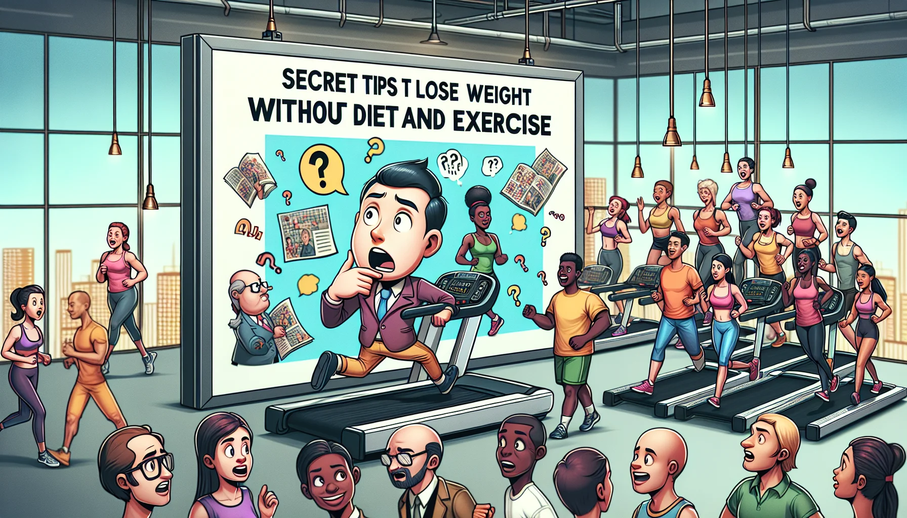 Generate a humorous and realistic image showcasing a visual guide named 'Secret Tips to Lose Weight Without Diet and Exercise.' It should creatively imply the benefits of incorporating exercise and healthy habits in our daily routine. The scene could include a puzzled cartoon character looking at the guide while running on a treadmill at a gym, surrounded by people of various ages, genders, and descents such as Caucasian, Black, Hispanic, South Asian and Middle-Eastern, who are enthusiastically working out and visibly enjoying it.