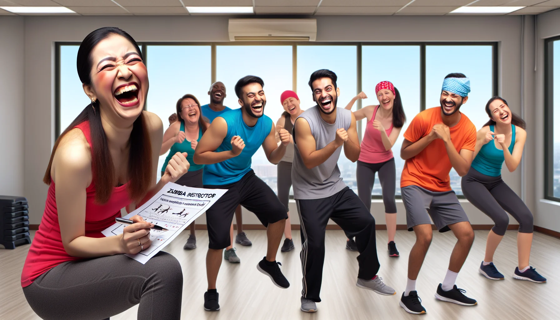 Create an amusing image that showcases a zumba instructor role. The scene involves a typical gym environment where a South Asian female zumba instructor with an infectious laughter leads a multi-ethnic group of people in a zumba session. To add humor, show some participants attempting humorous dance moves or exercise positions that evoke laughter among the group, encouraging a fun-filled atmosphere that promotes exercise and fitness. The purpose of the image is to inspire people to undertake regular exercise through zumba.
