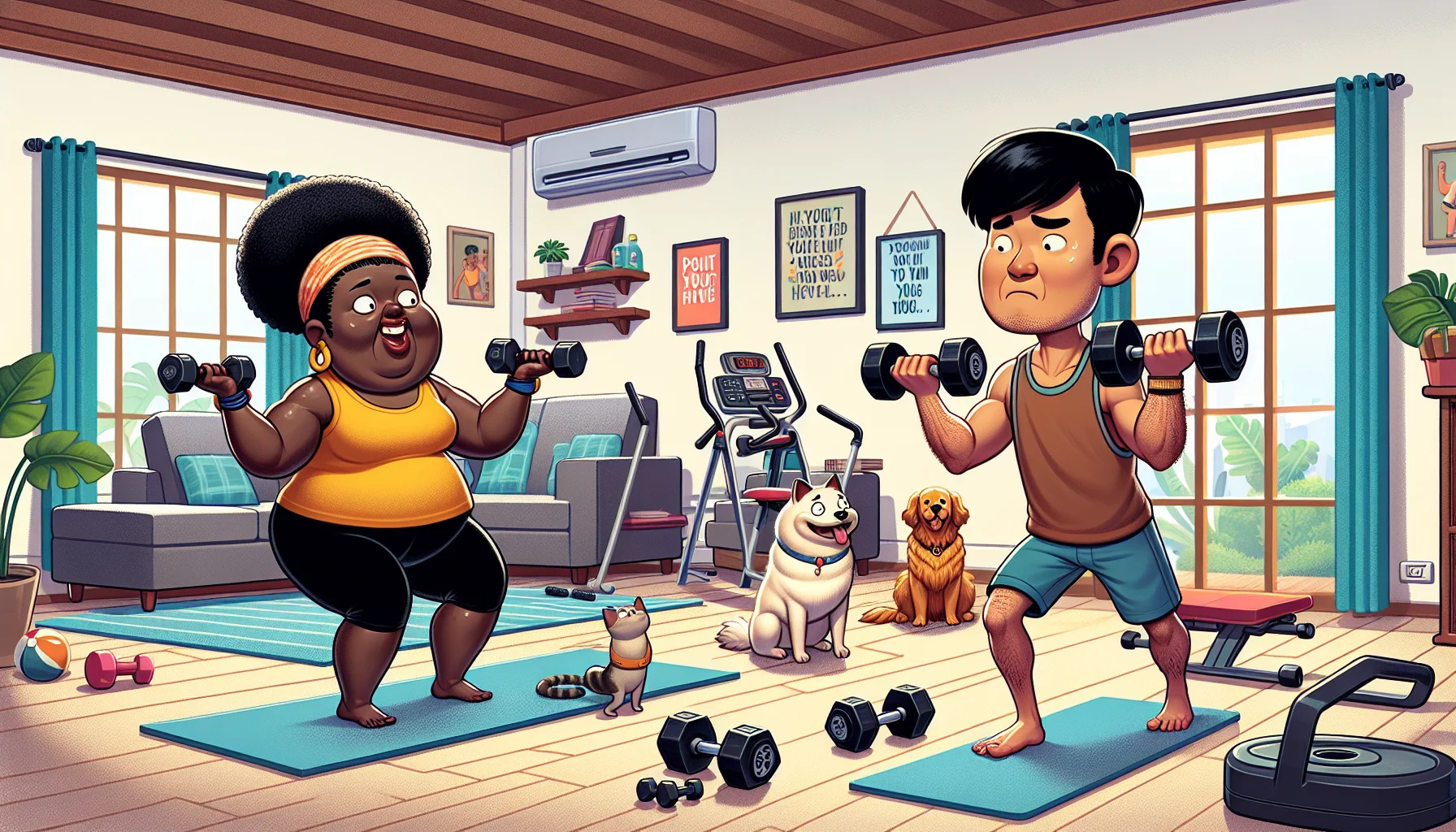 Illustrate a humorous and realistic scenario of at-home body sculpting. Imagine a middle-aged Black woman trying to balance yoga poses while her young Asian male neighbor is attempting to lift too-heavy dumbbells. Their equally befuddled pets, a golden retriever and a cat, are looking on from the corners. The room is full of typical exercise equipment and posters with motivational quotes. This playful scenario is designed to inspire people to exercise at home.