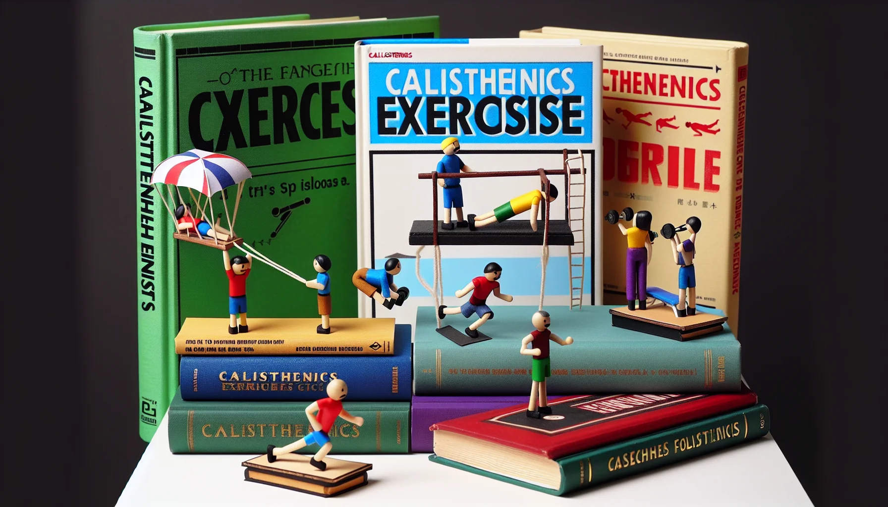 Create a humorous and authentic scenario enticing people to partake in exercise, the centerpiece of which is several calisthenics books. One of the books could be rigged as a mock parachute for a tiny Asian fitness-oriented action figure, bracing itself for an epic leap from the highest shelf. Another could serve as a plank for a determined Caucasian paper-chain character attempting push-ups. A third book could be twisted into an imaginary treadmill where a Hispanic mini-toy is intensely jogging. The scenario should evoke a playful and positive vibe, making the prospect of exercising engaging and interesting.