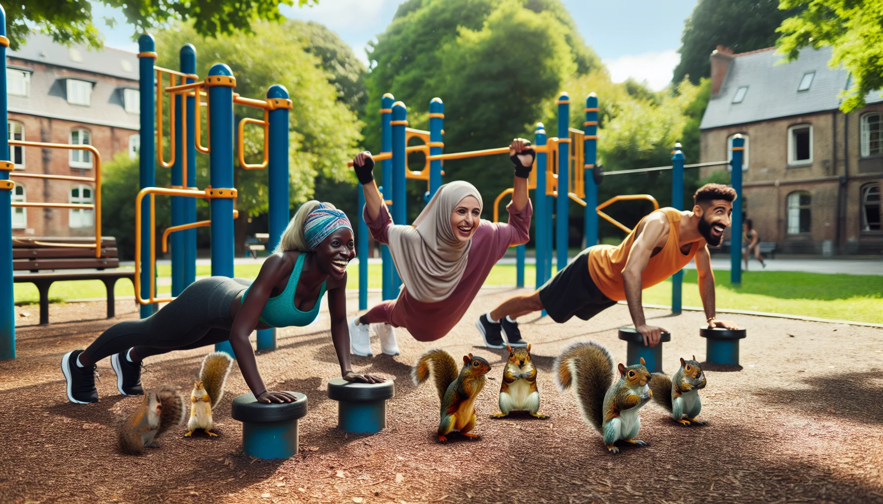 Imagine a humorous, vibrant scene taking place outdoors in a park filled with exercise equipment. There are three individuals of mixed descent: a Black female, Hispanic male, and Middle-Eastern female, all of them engaging in a calisthenics push day. They're performing a variety of exercises such as push-ups and dips while laughing and cheering each other on. Suddenly, a group of squirrels decides to join in on the fun: they mimic the individuals, attempting their own little push-ups and dips with a comical twist. Their antics bring a lot of laughter to the scene and inspire passers-by to join the workout.