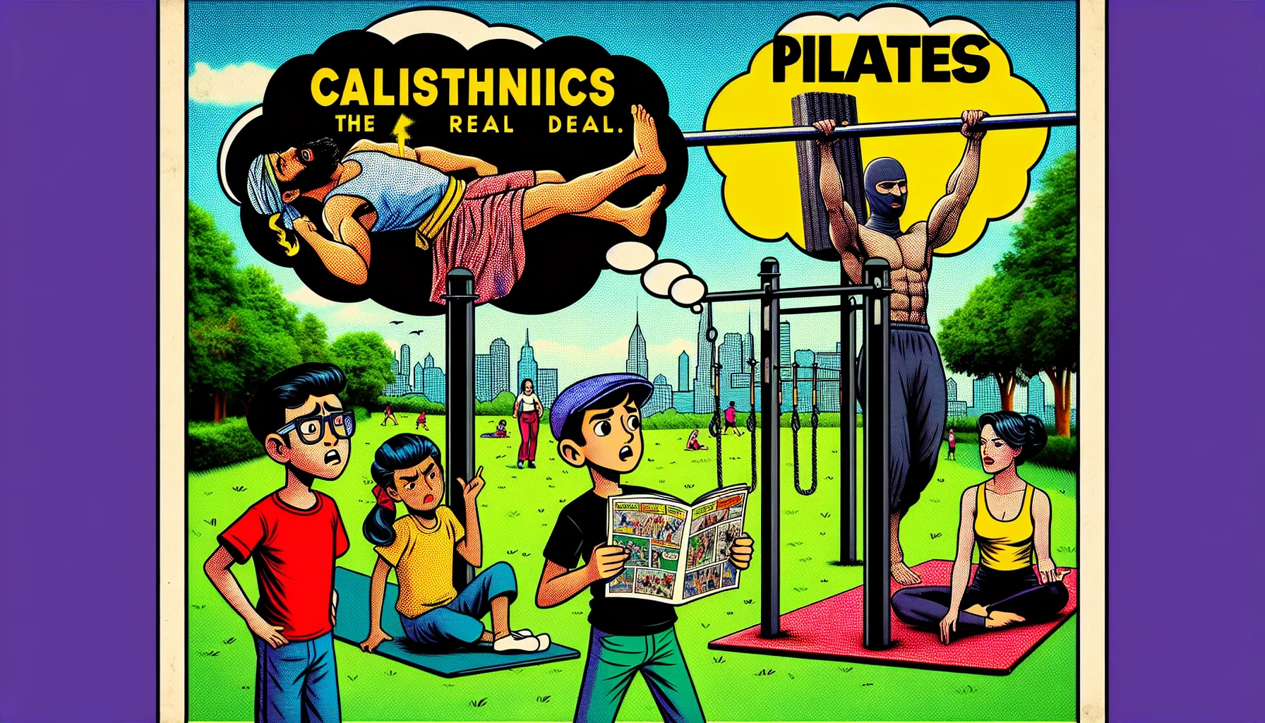 Generate a humorously captivating image showcasing the contrast between calisthenics and pilates. There is a lively park scene: on one side, a Middle-Eastern man is powerfully performing pull-ups on a bar, his face strained in concentration. His t-shirt humorously says 'Calisthenics, the Real Deal.' On the other side, a Caucasian woman is elegantly displaying a perfect pilates stance on her mat, with controlled and precise movements and her t-shirt stating 'Pilates Power.' There's a puzzled South Asian child in the middle, comic book in hand, wonderstruck at deciding which exercise method to choose.