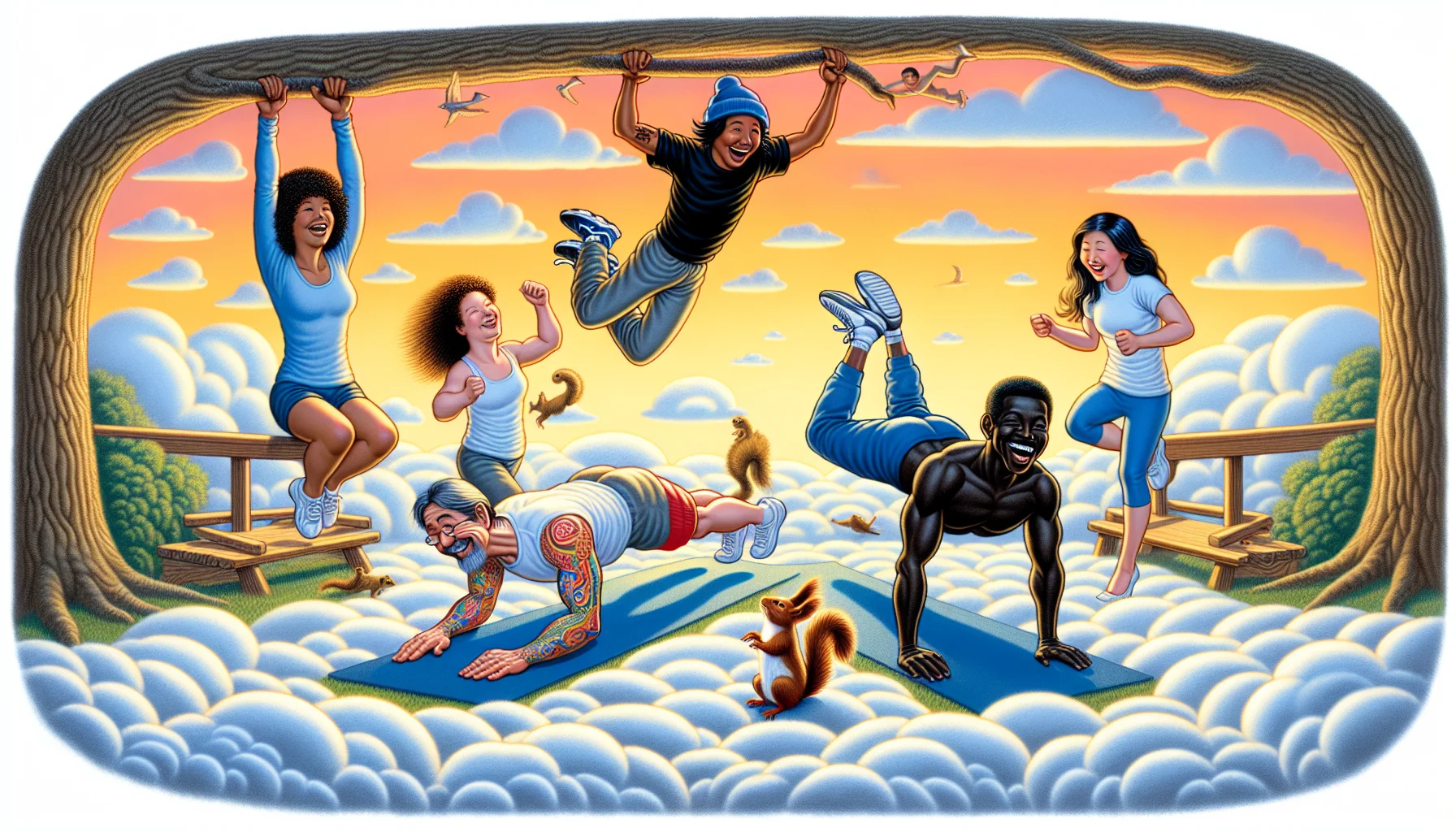An entertaining illustration promoting exercise, bordered by long fluffy clouds, features four individuals of different descents - a Caucasian female, a Hispanic male, a Black male and a Middle-Eastern female. Each of them perform traditional calisthenics warm-up moves in a whimsical outdoor setting. The sky is streaked with a warm orange sunset and the Hispanic male, attempting a handstand, finds his feet tangled in a tree branch. The Black male is laughing as he performs push-ups with a squirrel on his back. The Caucasian and Middle-Eastern females are doing jumping jacks, chuckling as they inadvertently nearly collide with each other.