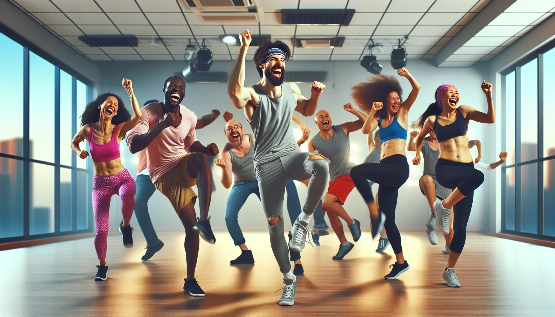 A comical scene at a Zumba fitness class, inspired by the rhythm of the song 'Can't Stop The Feeling'. A diverse group of people of varying genders and descents are joyously dancing away. Among the dancers, there's a Middle-Eastern man doing a funny but energetic spin, a Black woman laughing while attempting a high kick, a Caucasian man grooving along with exaggerated expressions, a Hispanic woman chuckling while doing hip twists and a South Asian woman gaily doing jumping jacks. The light-hearted, energetic atmosphere of the scene is highly enticing and encourages even the spectators to join in the fun exercise.