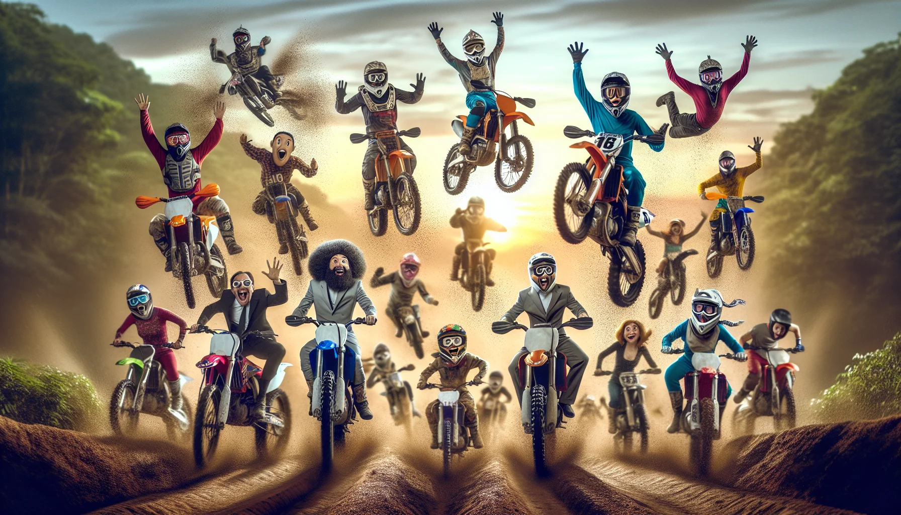 Create a vivid visual of a comical scene taking place in a well-lit outdoor trail set against the backdrop of a sunrise. The centerpiece of the scene is an array of dirt bike riders of various genders and descents, like Caucasian, Black, South Asian and Hispanic, performing exhilarating stunts with extreme skill and precision. Their faces are filled with expressions of pure joy and excitement, creating a light-hearted allure. Some bikes are mid-air, pulling off impressive jumps, while others are navigating through grit, showers of flying dirt marking their path. The whimsical touch to this otherwise intense scene should emanate a delightful message encouraging viewers to partake in physical activities.