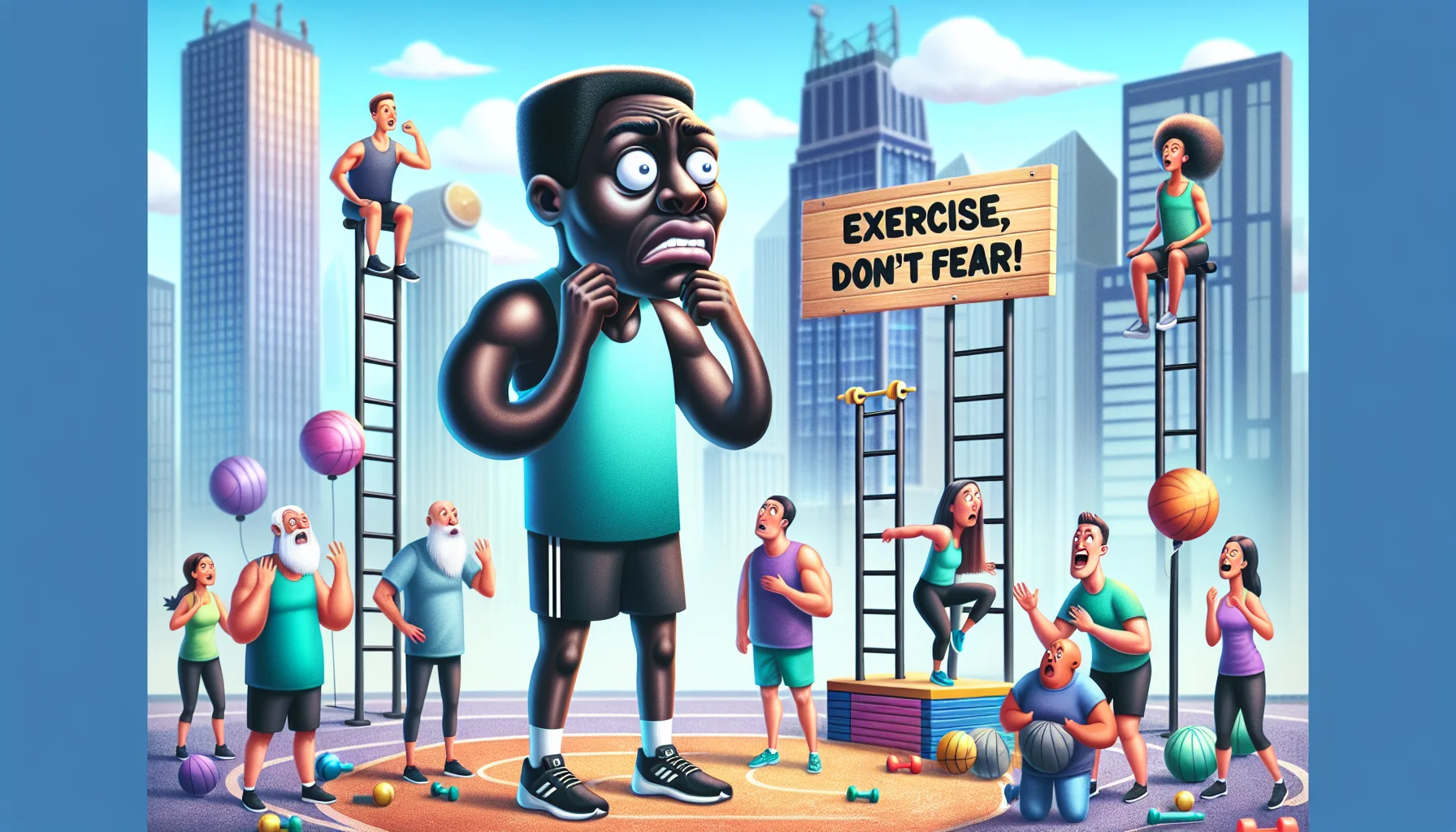 Create a whimsical and humorous image depicting a confused caricature of a tall, Black male exercising with plyometric equipment and despite his efforts, he's only getting taller, not shorter. He stands in bewilderment, surrounded by shorter fit people of varying descents and genders demonstrating different fitness activities. In the foreground, there's an 'Exercise, Don't Fear!' banner, summoning more people to join in the fun. The setting is lively, with a diverse group of people getting fit with smiles on their faces, debunking the myth that plyometric exercise stunts growth.