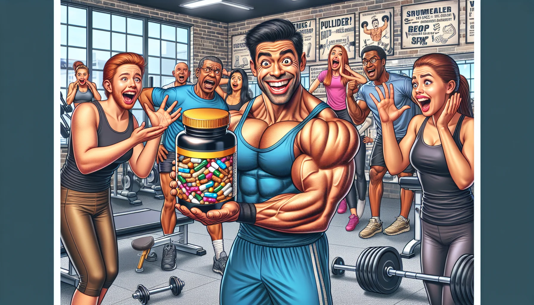 Imagine an amusing scenario where caricatures are stage. A comedic, self-aware parody of an especially enthusiastic South Asian male trainer promoting various fitness supplements. His expression is joyous, while he holds a ridiculously oversized pill, signifying its effectiveness. The setting is a well-equipped gym with diverse workout machines. The onlookers, a Caucasian woman and a Black man, display comically surprised expressions at the grandeur of the presented supplement. In the background, humorous hints to exercise, like dumbbells doing push-ups, or barbells curling smaller barbells, to encapsulate the atmosphere of a gym where everyone, and everything, is dedicated to fitness. 