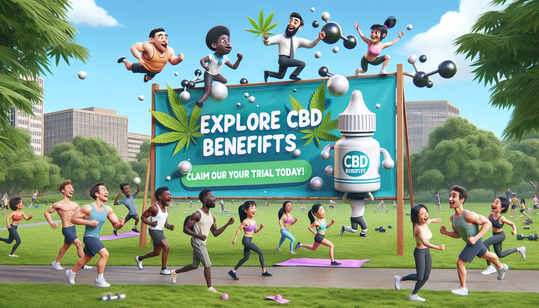 Show a humorous scenario depicting the benefits of CBD in a fitness context. Visualize a large banner with the text 'Explore CBD Benefits: Claim Your Free Trial Today!' fluttering in the background. This takes place in a lively park where a diverse group of people of different descents are engrossed in different forms of exercise. A Black male is jogging, an Asian female is doing yoga, and a Hispanic male is lifting weights. Their expressions are a mixture of hilarity, shock, and disbelief as enormous animated CBD molecules cheerfully assist and interact with them during their workout.