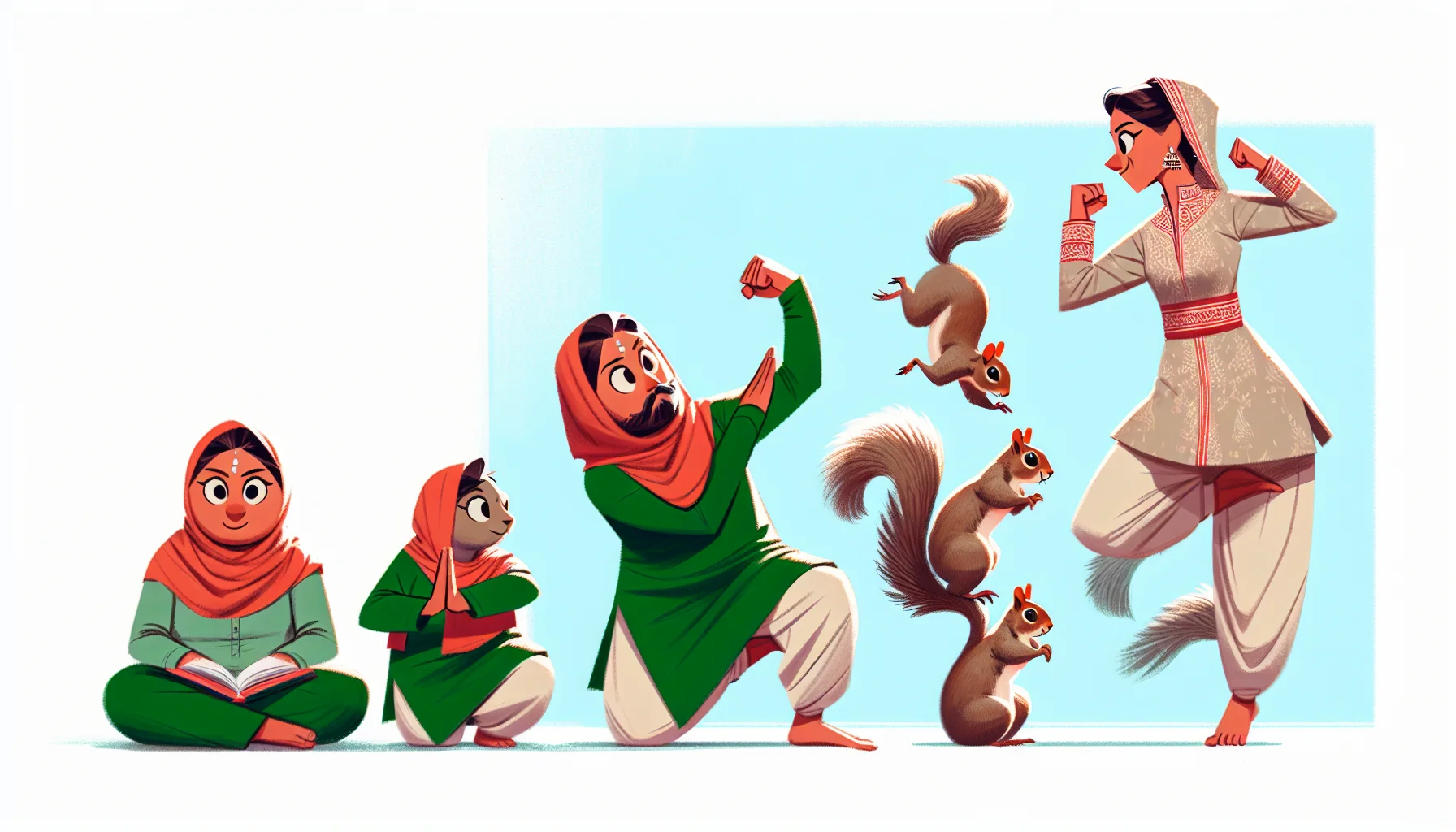 Create a lively and humorous image showing the transformation of a South Asian woman practicing calisthenics. This progression should start from her initial struggles as a beginner and end with her masterful control as an expert. Add in a unique and funny twist—like having a curious group of squirrels mimicking her exercises—to inspire others to engage in physical fitness.