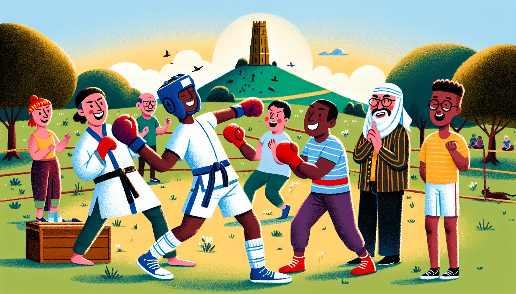 Draw a humorous and captivating scene of kickboxing at Glastonbury. Visualize an outdoor grassy setting with the iconic Glastonbury Tor in the background. In the foreground, depict a diverse scene of people engaging in kickboxing. Add a touch of humor by showing a black female participant's punch accidentally knocking off a Middle-Eastern male opponent's protective headgear, but both characters laughing it off in good spirits. Nearby, an Hispanic referee is trying hard to hold back their laughter while holding a stop sign, signaling a pause in the match. The scene exudes warm vibes, suggesting that exercising can be a fun activity.