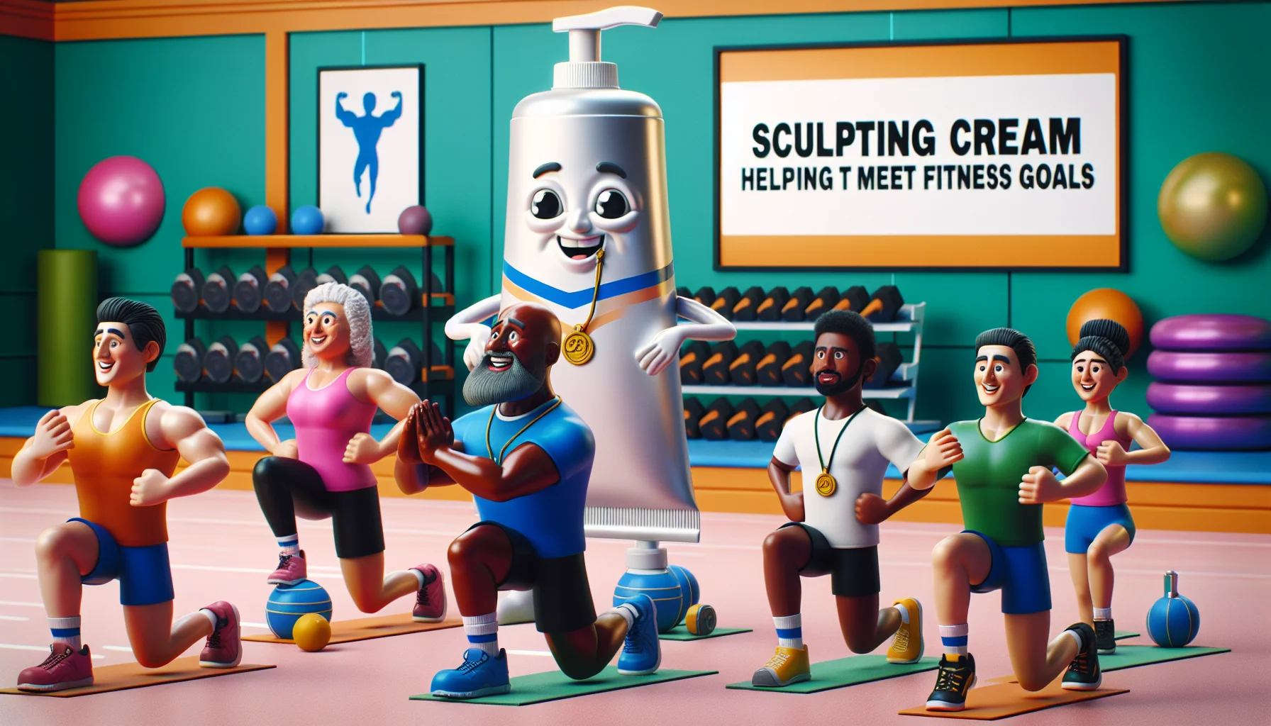 Create a humorous and enticing scene set in a fitness centre. In this centre, imagine a large tub of sculpting cream has taken animated form, with lively eyes and a bright smile. It's wearing a coach's whistle around its neck and demonstrating exercises to a diverse group of people. A Hispanic male performs squats with a look of determination on his face, a Caucasian woman is doing jumping jacks, and a Middle-Eastern man is lifting weights, all following the cream's instructions. A hilarious signboard behind them says 'Sculpting cream helping to meet fitness goals'