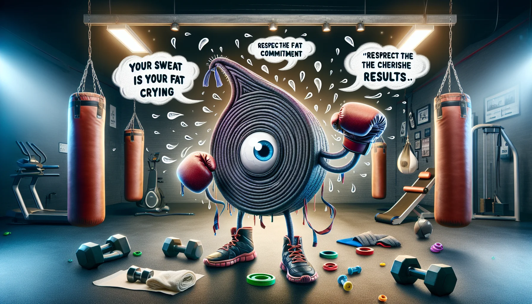 Create a humorous image that promotes physical activity and exercise, specifically focusing on kickboxing. The background should be a dynamically lit gym with an array of training equipment like punching bags, exercise mats and weights strewn about. In the forefront, an anthropomorphic kickboxing gear - gloves, head guard, ankle wraps - humorously coming to life, throwing punches and kicks in thin air, having eyes and mouth. Around them, swirl word bubbles containing playful, inspirational kickboxing quotes like 'Your sweat is your fat crying' or 'Respect the training, honor the commitment, cherish the results'.