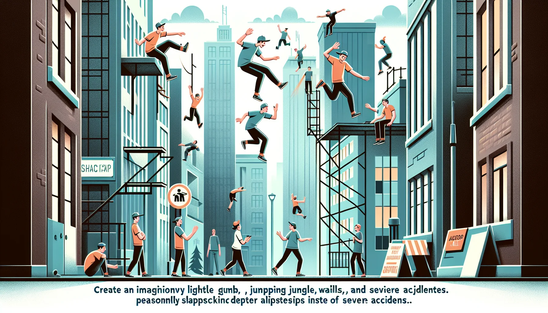 Create an imaginative and light-hearted image showing parkour enthusiasts in an urban jungle gym, jumping and gliding effortlessly across building rooftops, walls, railings, and other city elements. Each protagonist experiences harmless slapstick falls and funny missteps instead of severe accidents, pleasantly reminding viewers to stay safe during exercise.