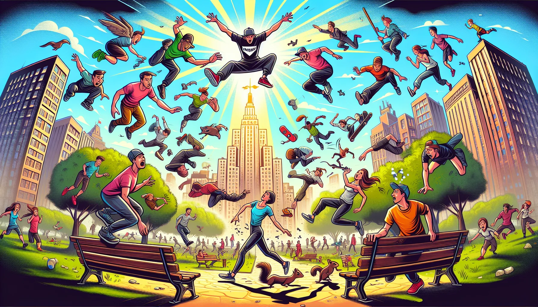 Create a humorous, enticing image illustrating a parkour logo. Imagine a cartoon-like scene of a city park with diverse men and women practicing parkour. They're jumping over benches, climbing on trees, and running along pathways. The scene bursts with energetic colors and laugh-inducing situations - someone getting their foot stuck in a bush, another person stumbling over with surprise as a squirrel darts between their feet, and a couple of onlookers peering in awe at these athletes and their astonishing agility. The parkour logo shines brightly in the sky like a superhero bat-signal inspiring all to jump into action.