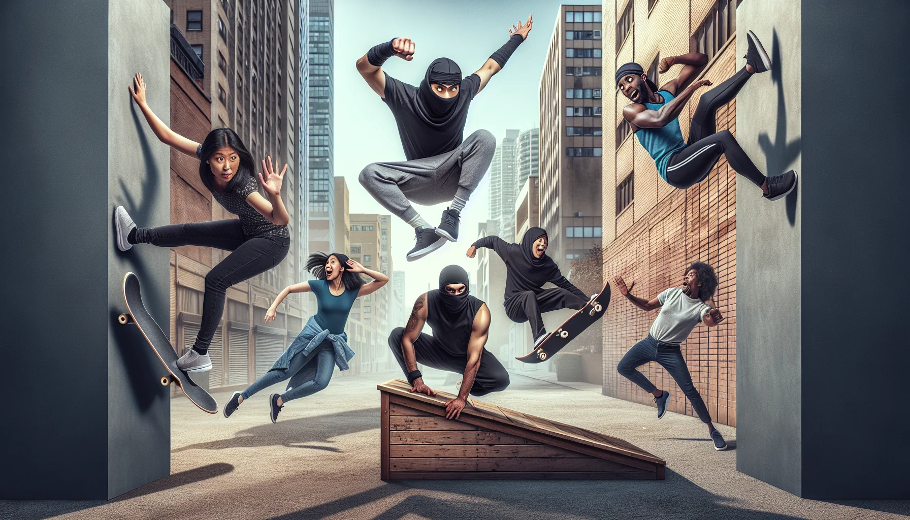Create a humorous and realistic image featuring a diverse group of parkour practitioners, embodying the spirit of ninjas. The scene showcases a woman of South Asian descent, confidently valiant while jumping over an urban obstacle, a man of Hispanic descent skillfully balancing on a ledge, and a Middle-Eastern woman perform a ninja-like roll. Their movements are fluid and graceful, despite the urban setting's hardness. Last but not least, a black man performs a spectacular backflip, his face reflecting excitement and vitality. This funny scenario is all in the spirit of enticing people of all ages and backgrounds to engage in physical exercise.