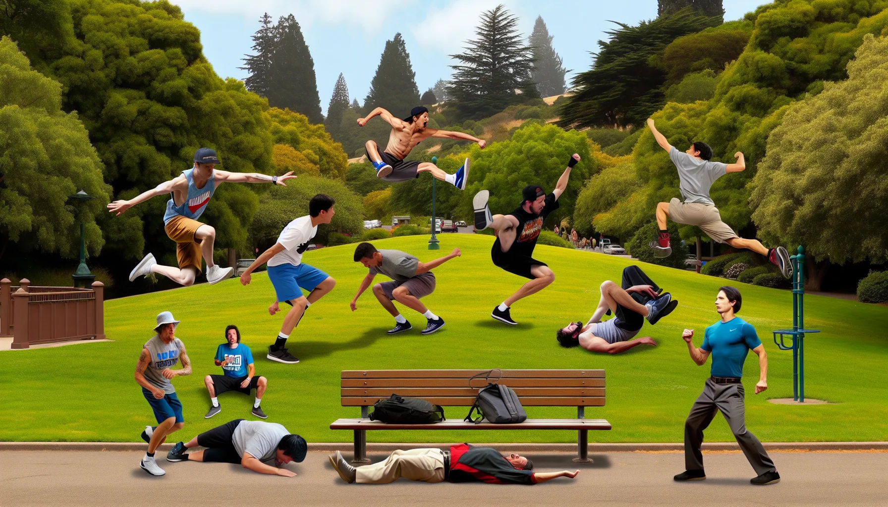In a comedic scenario, create an animated image of a park landscape in the town of Tualatin. It shows multiple individuals of varying descents such as Caucasian, Hispanic, and Middle-Eastern, each performing parkour. Their humorous antics include a runner stumbling but regaining balance in a quirky way, a second person vaulting over a park bench and triumphantly striking a pose afterward, and another person dramatically rolling on the grass. This lively scene encourages everyone who sees it to engage in regular exercise for a healthier lifestyle.