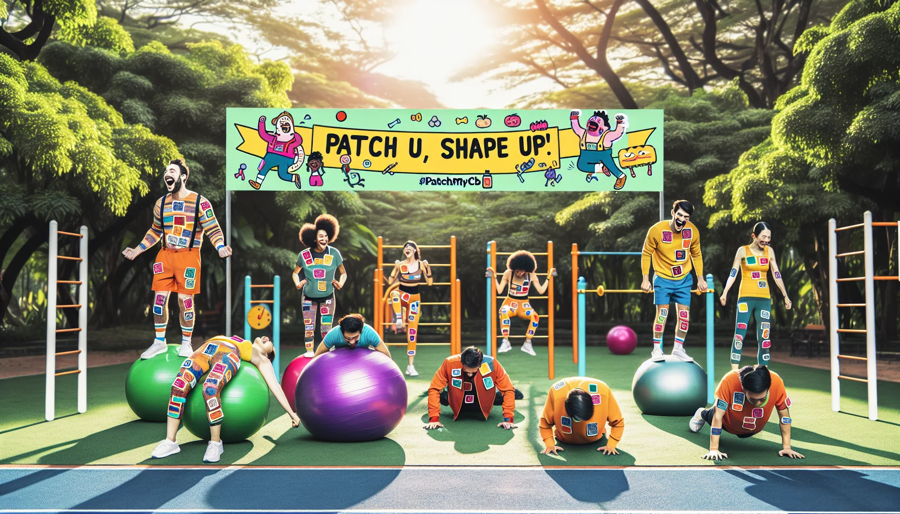 Create an amusing scenario that showcases the concept of 'Patch Your Way to Fitness.' It could be an image of a diverse group of people with various body types, all wearing comically oversized, brightly colored adhesive patches on their workout clothes, denoted as 'PatchMyCB.' The scene can be set in a sunny park filled with exercise stations. Show the individuals laughingly trying to balance on fitness balls or attempting pushups, with patches are sticking out comically or falling off. Add a motivational slogan like 'Patch Up, Shape Up!' on the banner across the top of the image.