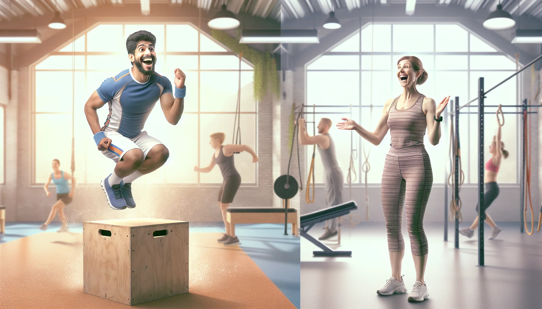 Create a humorous yet educational image setting in a gym that showcases the differences between plyometrics and calisthenics. On the left side, a jovial South Asian man in sports gear mid-way through a plyometric box jump, showing his determination and also a humorous look of surprise on his face. On the right side, a Caucasian female fitness instructor demonstrating a calisthenics exercise, possibly a pull-up, with an exaggerated joyful smile, cheerfully encouraging those around her to try. Incorporate pastel colours and light, spacious environment/background to make the scene appealing and encouraging to spectators, promoting the joy and benefits of exercise.