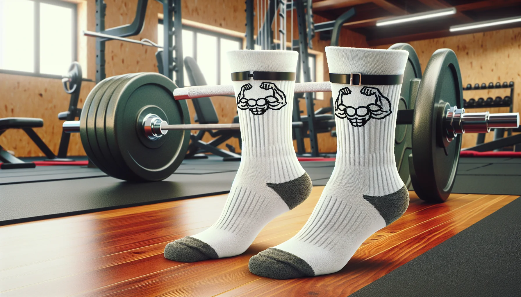 Create a humorous, realistic image featuring a pair of powerlifting socks. They are standing upright, flexing their 'muscles', and there's a barbell in the background. The socks look motivated and ready to exercise, a comical personification meant to encourage viewers to start working out. The scene takes place inside a well-equipped gym, with various exercise equipment scattered around. The color scheme should be bright and cheerful to highlight the lighthearted, fitness-inspired theme.