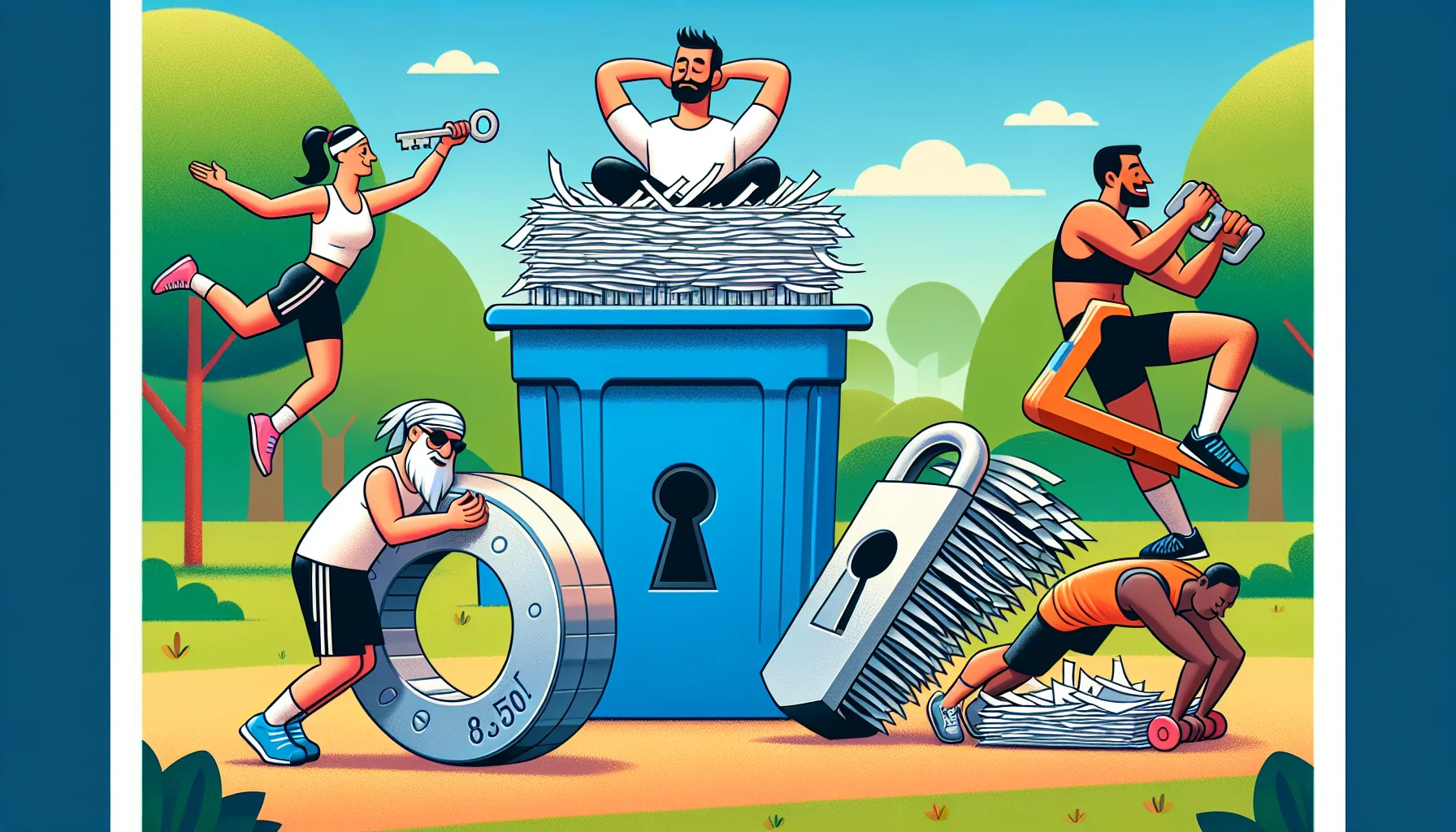 Create a humorous and appealing scenario showing the importance of staying fit and protecting one's personal information at the same time. This could be a park scene where a Caucasian woman is jogging while guarding a huge paper shredder filled with paperwork, and a Middle-Eastern man is doing push-ups with one hand while using the other to block an oversized keyhole. Further along, a South-Asian man can be seen practicing yoga while balancing a large padlock on his head and a black woman could be seen boxing an oversized firewall symbol. All of them are wearing sportswear and are evidently enjoying their workout routines.