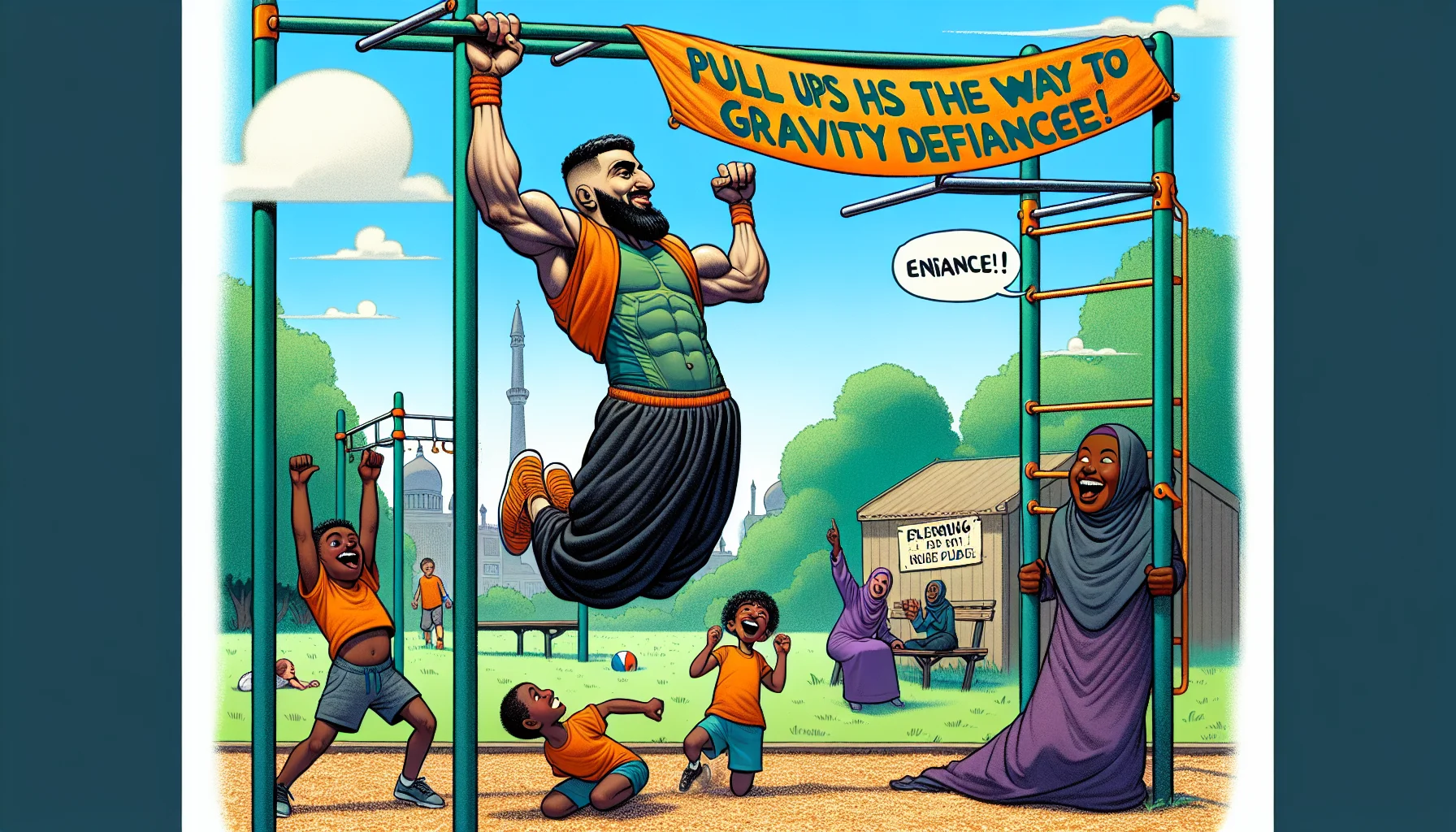 Imagine an amusing scene unfolding in an outdoor park during summer. A Middle Eastern man is performing a calisthenics pull-day workout, elegantly swinging on the monkey bars. He unfurls a banner behind him that humorously declares, 'Pull ups are the way to gravity defiance!'. Nearby, a black woman is laughing heartily while encouraging her kids to imitate him. She is shouting playful words of encouragement that adds to the levity of the scene. The children are excited and trying their best to mimic the man's movements, creating an enticing and funny environment that motivates everybody present to exercise.