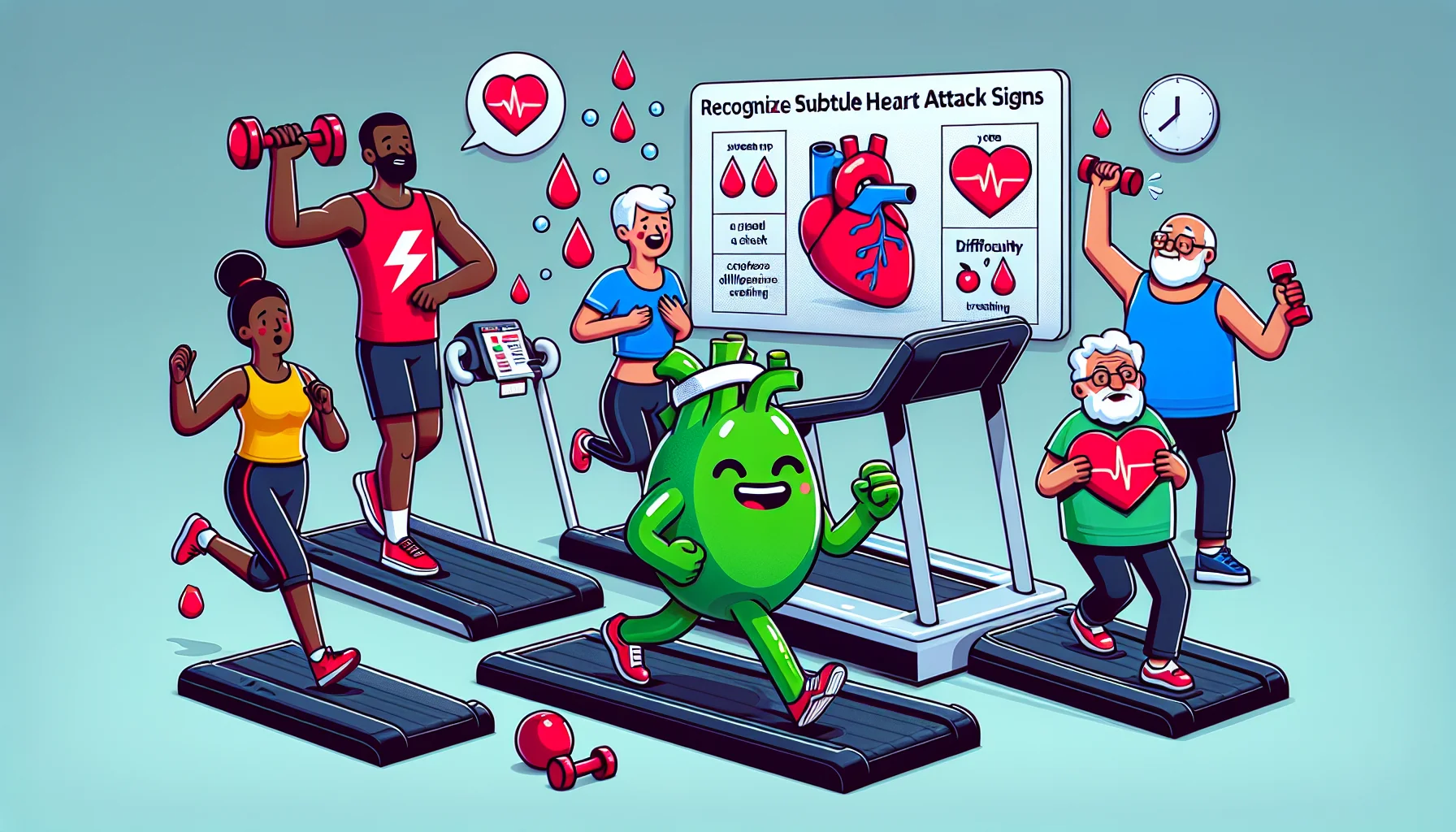 Generate a humorous image depicting a typical everyday scene, where a diverse group of people are engaging in various forms of exercise: a Black woman running on a treadmill with a sweatband and vibrant workout clothes, a Hispanic man lifting weights, and a South Asian woman practicing yoga. Integrate subtle visual cues that represent heart attack symptoms: an infographic on the gym wall with icons like sweat drops, hand gripping the chest, and difficulty breathing. Furthermore, have a playful green mascot designed to resemble a healthy heart, cheering them on with a sign that says 'Recognize Subtle Heart Attack Signs for a Healthy Lifestyle.'