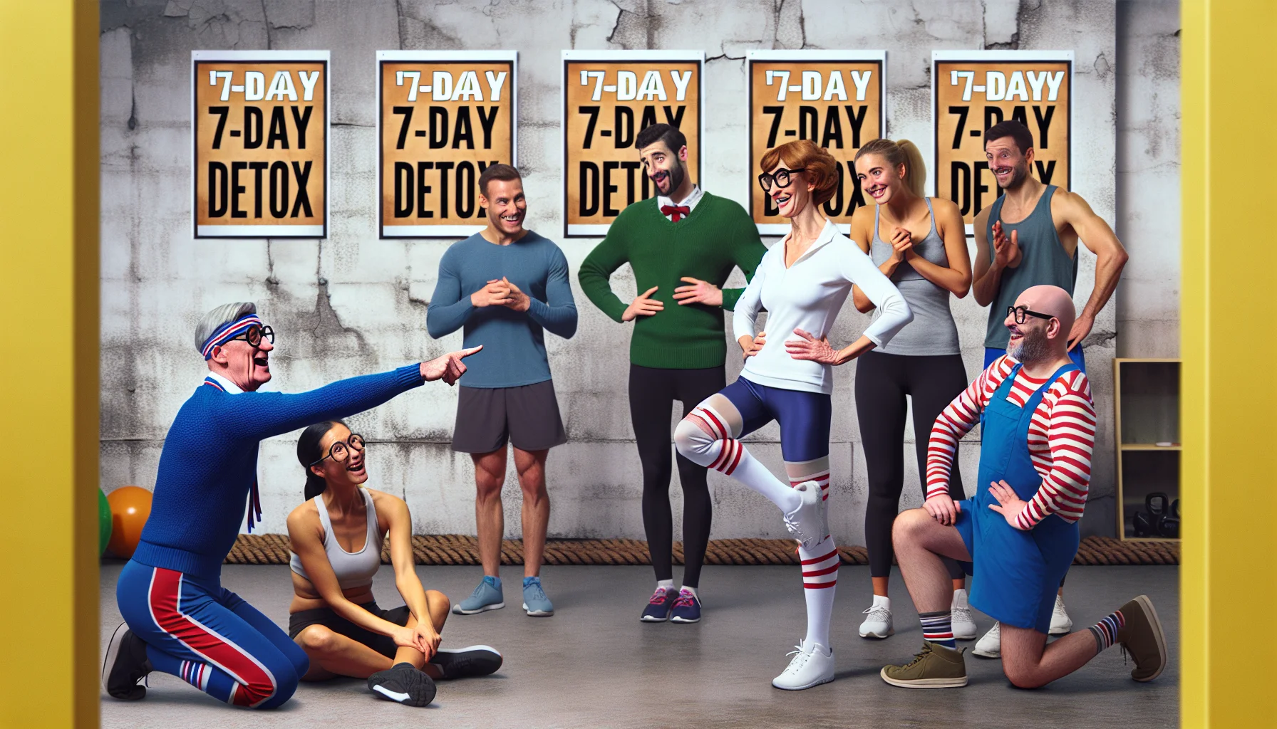 Create a humorous yet encouraging scenario that highlights an anonymous fitness coach's 7-Day Detox program. The image should depict the coach, a physically fit Caucasian woman, interacting positively with a diverse group of participants. The coach should be demonstrating an exercise move, and the participants demonstrating various levels of success, creating a comical scene that inspires people to step up their fitness routines. The setting is at a fitness studio with '7-Day Detox' posters hanging on the walls.