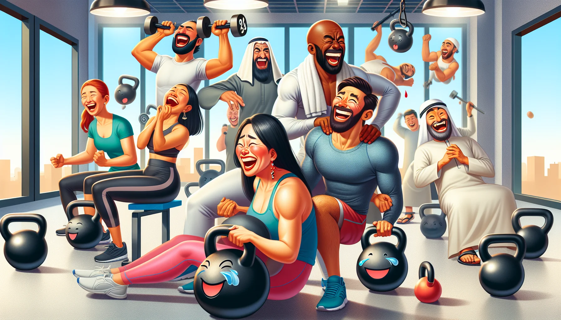 A comical scene of an indoor gym, where people of different descents and genders are performing seated kettlebell exercises with an enthusiastic spirit. A South Asian woman and a Caucasian man are laughing together as they each struggle to lift an oversized kettlebell, their faces red with hilarity and effort. A Middle-Eastern man in the background is attempting to balance a kettlebell on his head, causing everyone around him to laugh. There are also animated kettlebells floating in the background with smiling faces to inject more humor into the scene. The atmosphere is joyous, promoting the fun side of exercising.