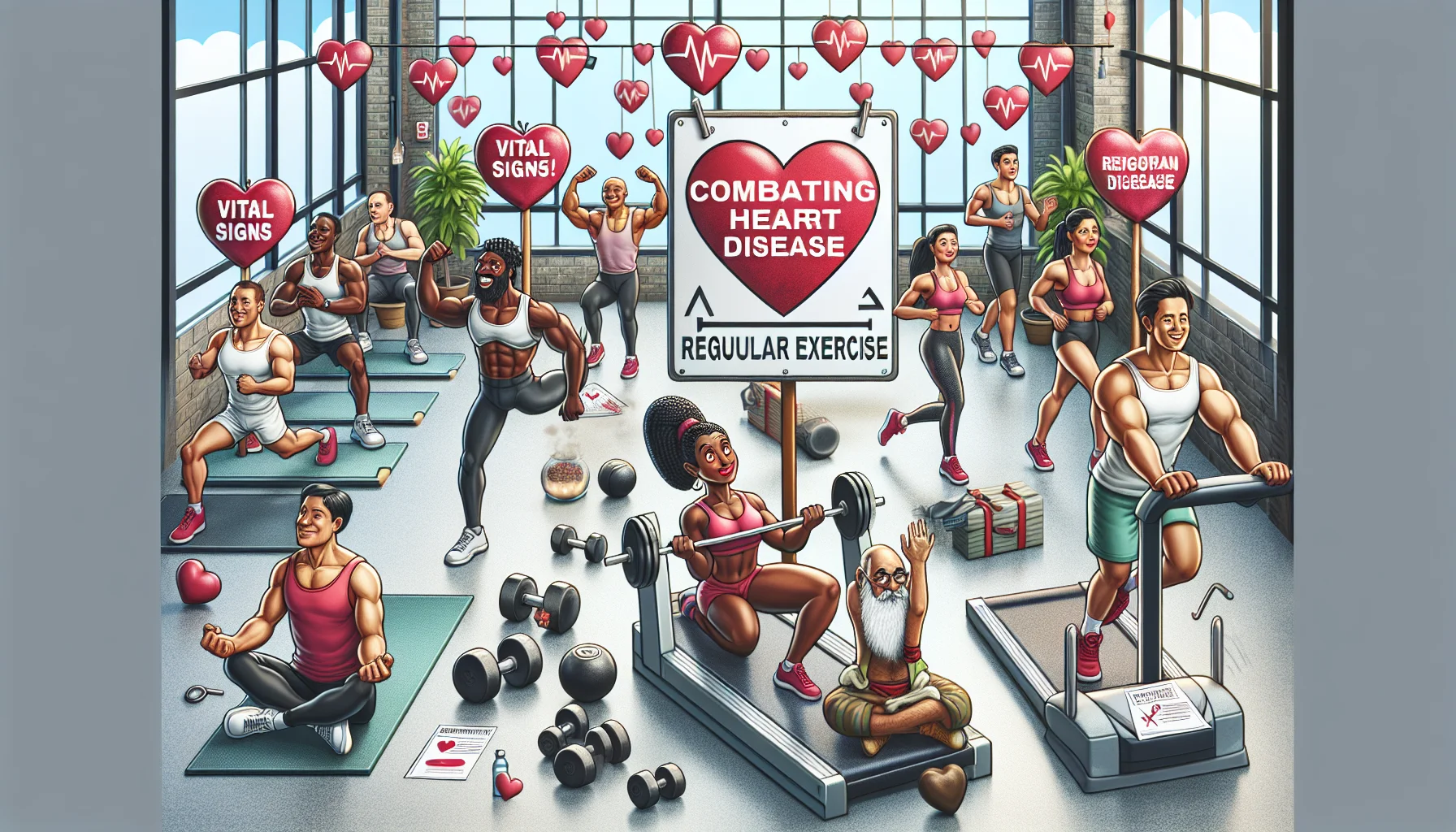 Create a humorous and realistic image that showcases the importance of combating heart disease through regular exercise. Picture a gym setting filled with fitness enthusiasts of different genders and descents, such as a Black woman lifting weights, a Hispanic man running on a treadmill and a South Asian person performing yoga. They all are surrounded by heart shaped signs with encouraging messages about regular exercise and physical fitness. A creatively designed signboard displays 'Vital Signs: Combating Heart Disease', making the scenario relatable yet enticing for the viewers.