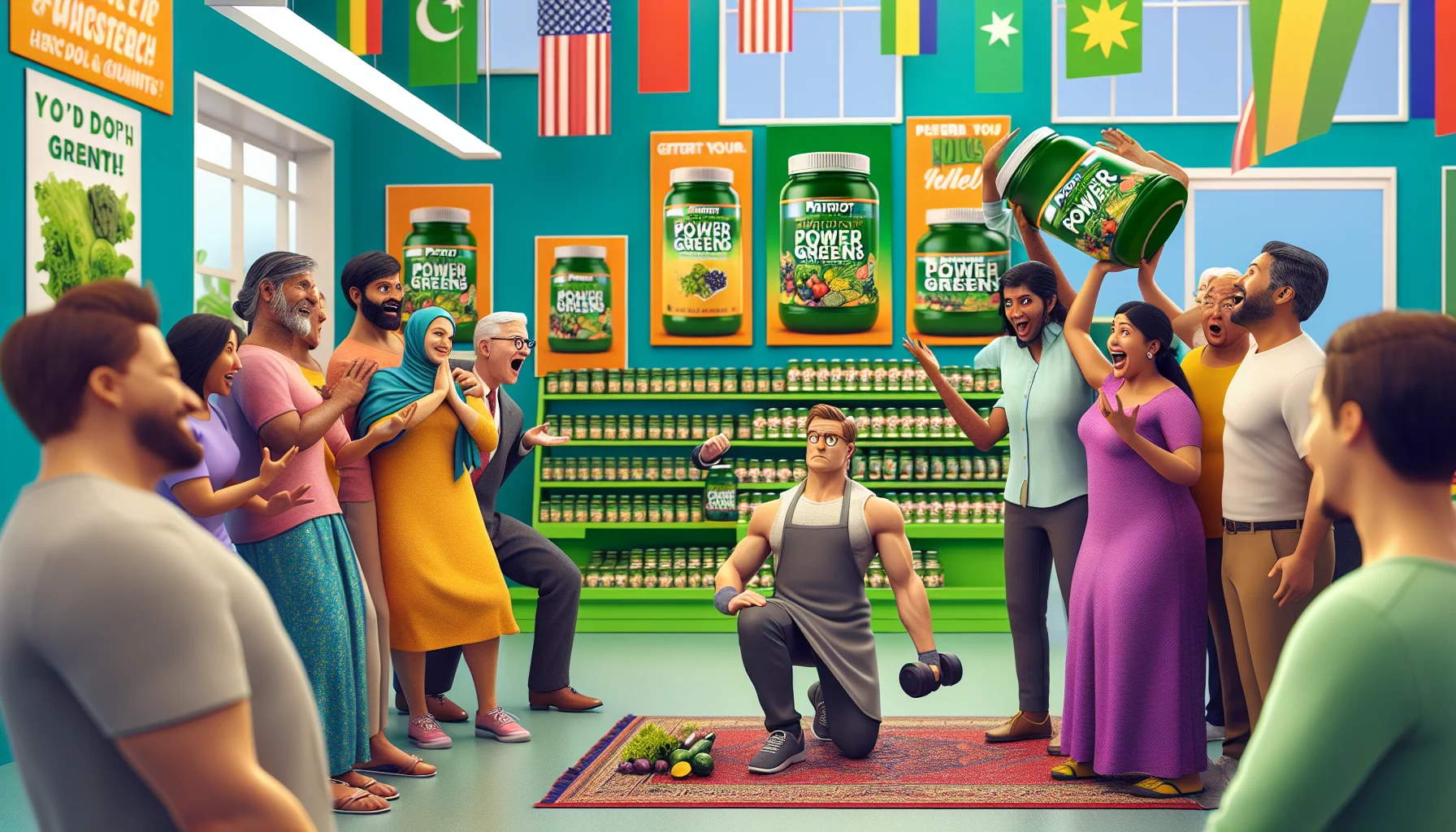Generate a humorous and realistic scene set in a bright, colorful health store. Around the store, there are posters promoting the benefits of Patriot Power Greens for optimal health. On one side of the store, a Caucasian male employee is balancing power green jars on his head, presenting a facial expression of concentration. A crowd of amused customers of diverse descents and genders are watching him. On the other side, a South Asian female customer is lifting a jar of power greens as if it's a dumbbell, her expression full of determination and joy. Her friend, a Middle-Eastern male, is laughing and pointing at her while selecting a jar from the shelf. The environment encourages visitors to take up physical fitness activities in a light-hearted manner.