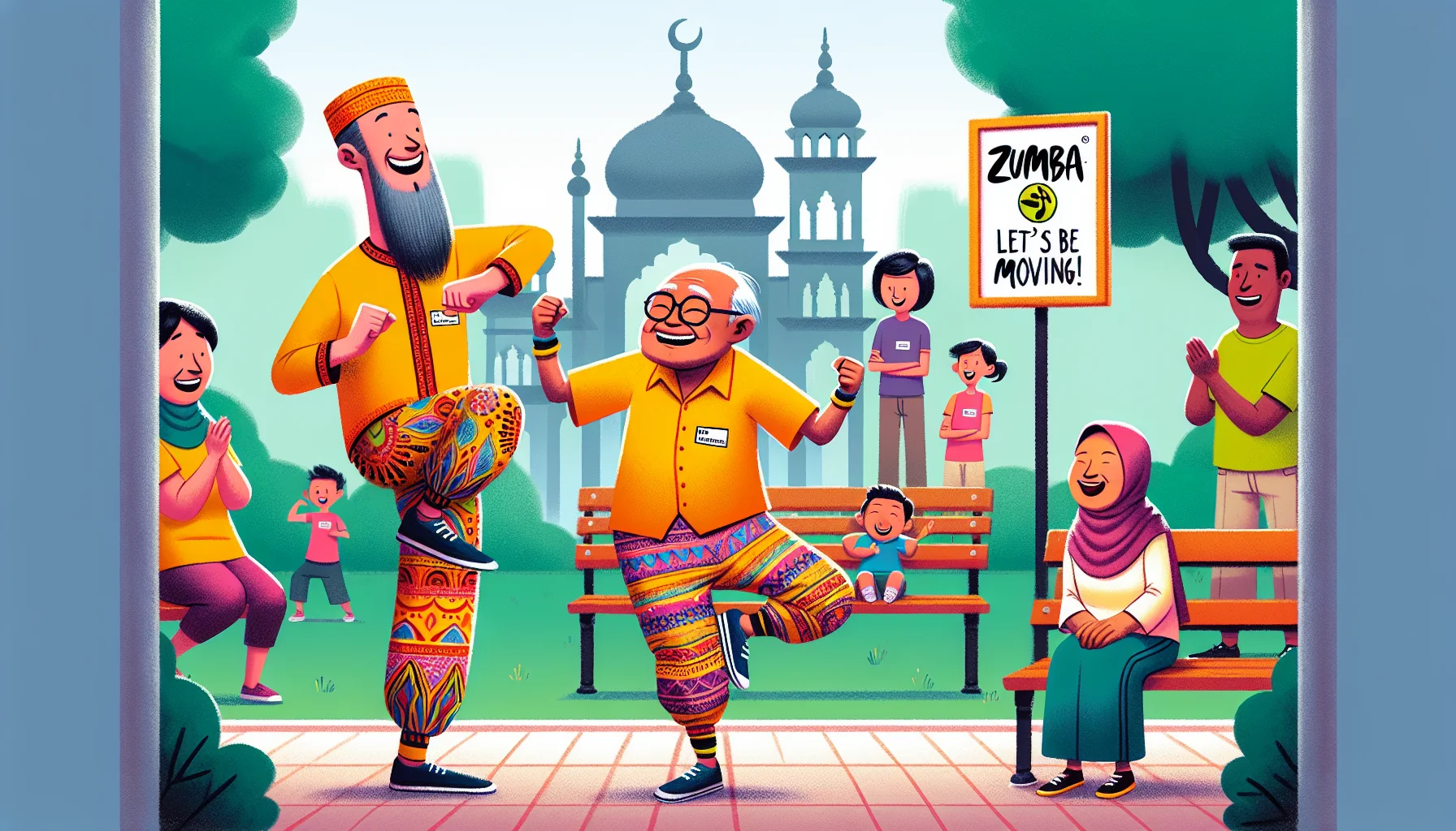 Create an image showing an amusing scenario featuring zumba pants. In this image, you see zumba pants on various characters in a park - a tall, Middle-Eastern man in his late 20s, and a short, elderly Hispanic woman. They are both engaged in hilarious attempts to do yoga poses while wearing their brightly colored zumba pants. Watching and laughing are an Asian woman on a park bench, a young South Asian boy, and a Caucasian couple - all wearing zumba t-shirts. The signboard on the park gate reads, 'Zumba Fun Day - Let's Get Moving!'. This image should be filled with bright colors, laughter, and a fun, welcoming atmosphere that encourages exercise.